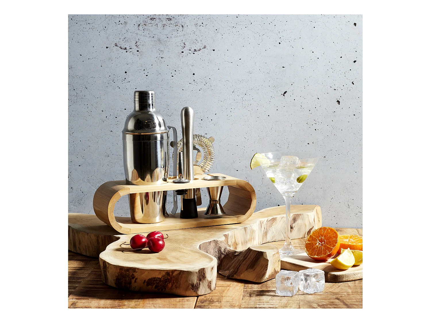 Coffret A Cocktail Support Bambou Argent, Marron