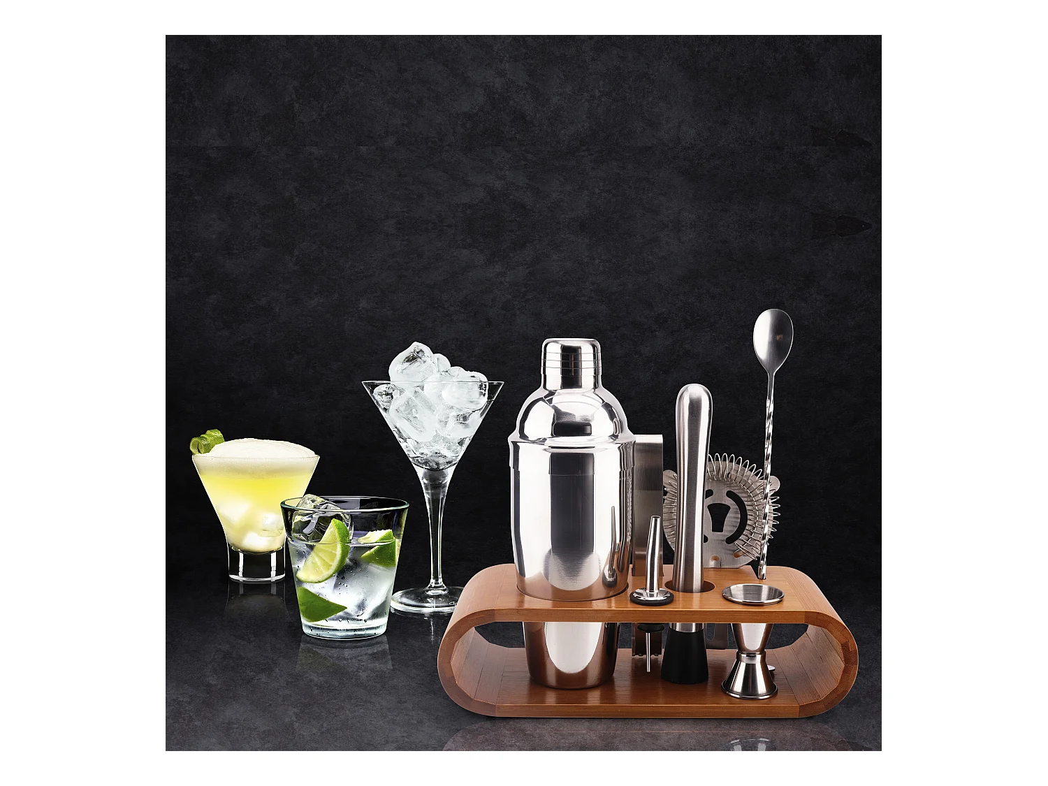 Coffret A Cocktail Support Bambou Argent, Marron