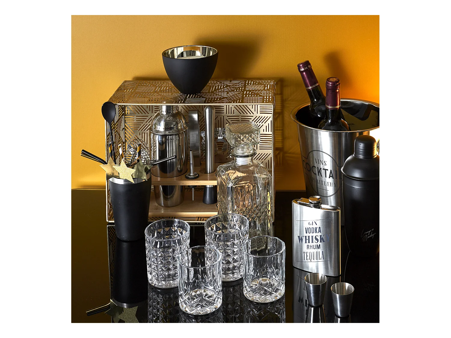 Coffret A Cocktail Support Bambou Argent, Marron