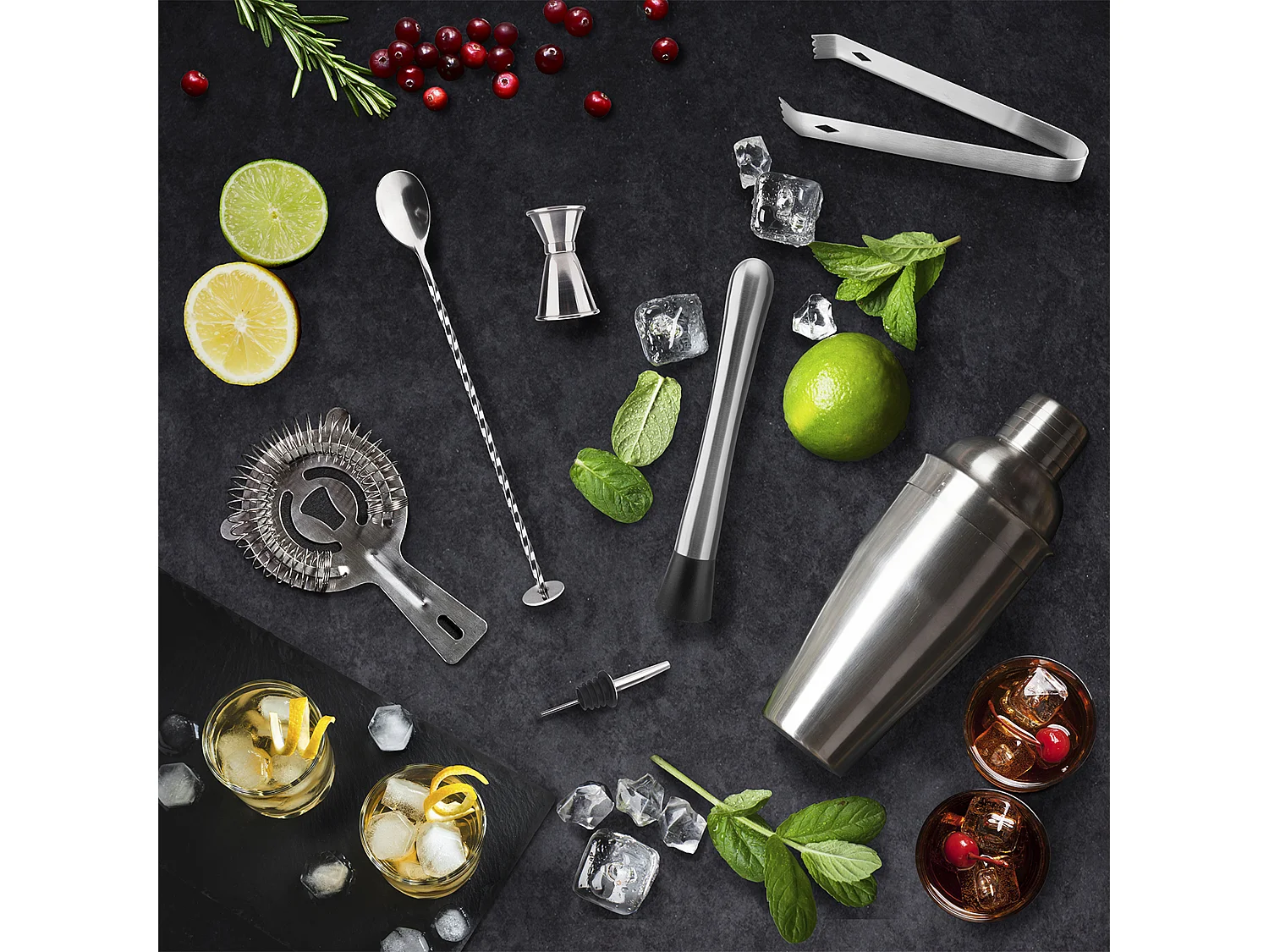 Coffret A Cocktail Support Bambou Argent, Marron