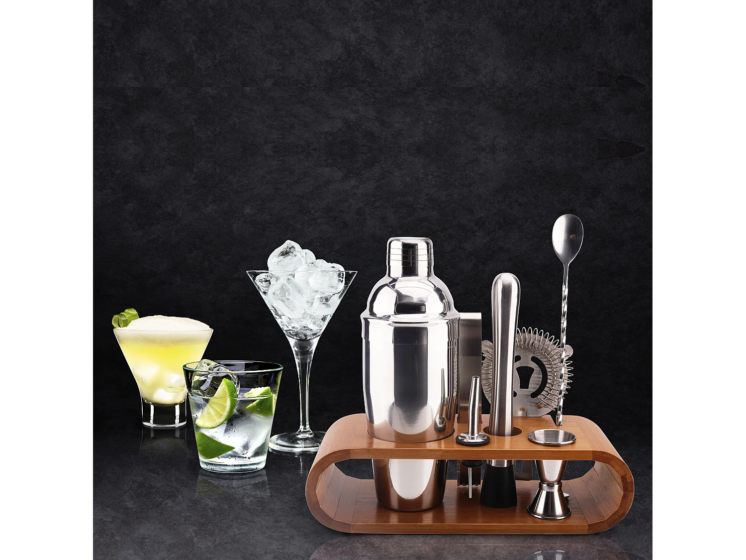 Coffret A Cocktail Support Bambou Argent, Marron