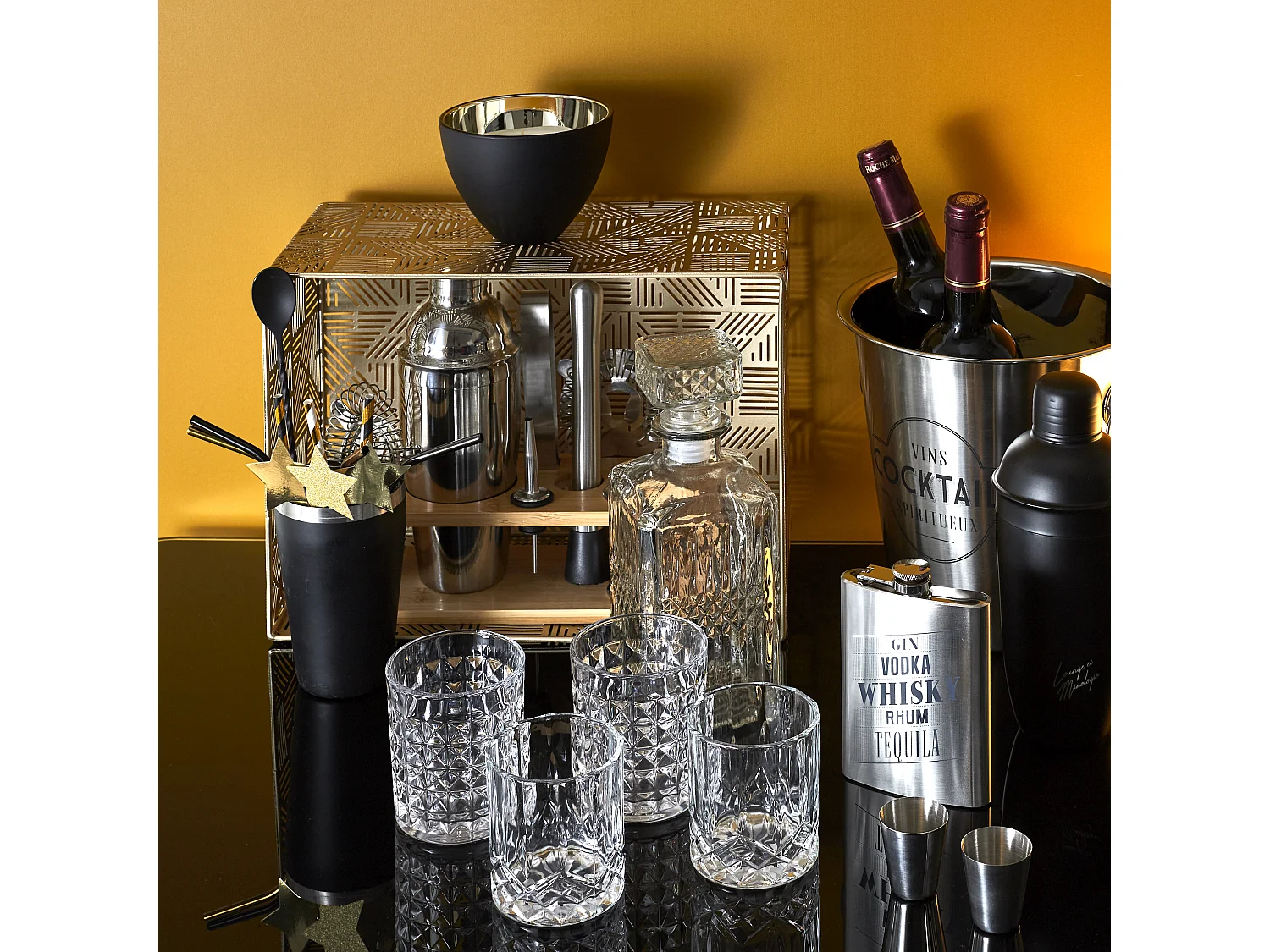 Coffret A Cocktail Support Bambou Argent, Marron