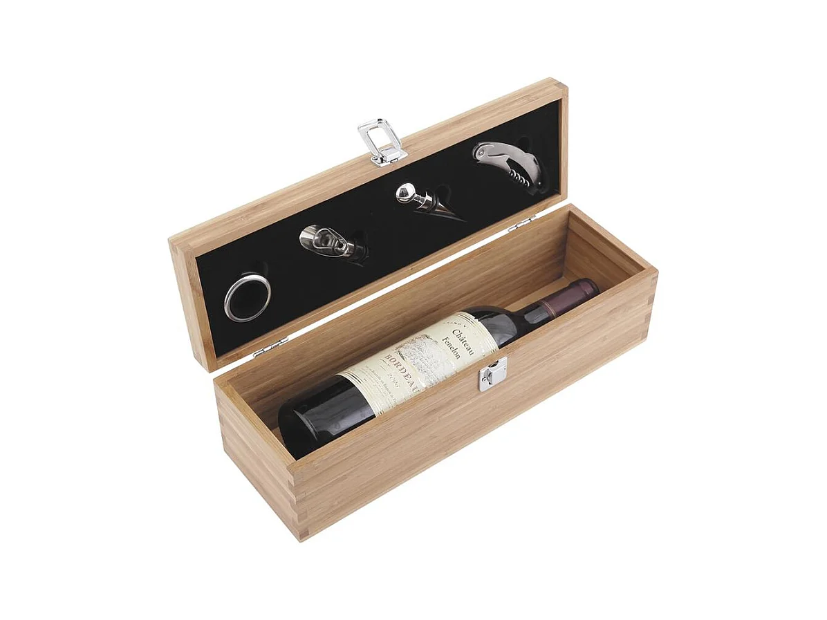 Coffret bouteille vin en bambou – 4 accessoires inox – Élégant et naturel