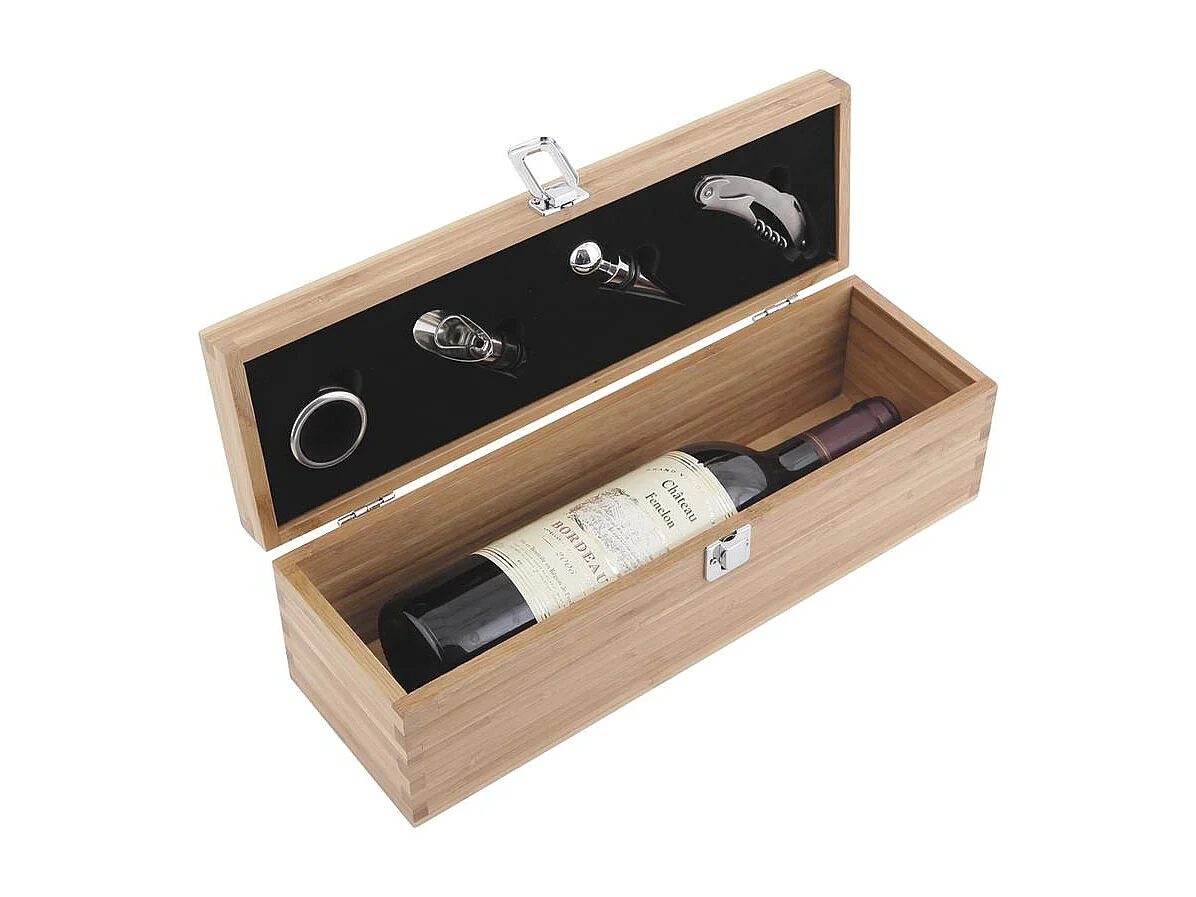 Coffret bouteille vin en bambou – 4 accessoires inox – Élégant et naturel