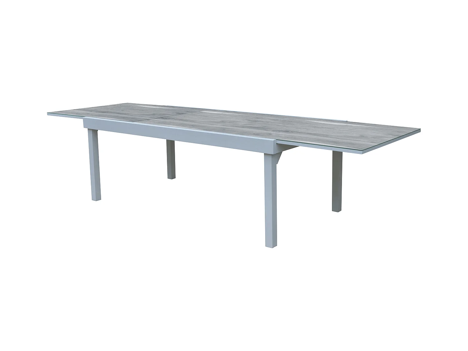 Table Modulo 8/12 personnes structure aluminium blanche, plateau en verre décors bois