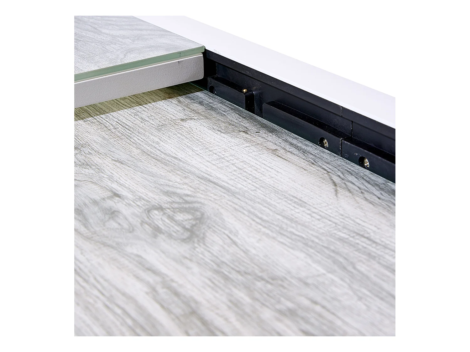 Table Modulo 8/12 personnes structure aluminium blanche, plateau en verre décors bois