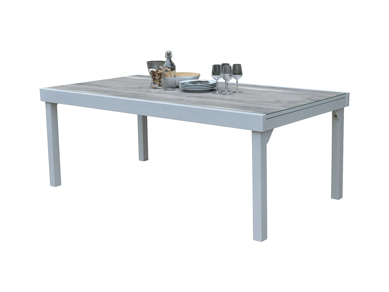 Table Modulo 8/12 personnes structure aluminium blanche, plateau en verre décors bois