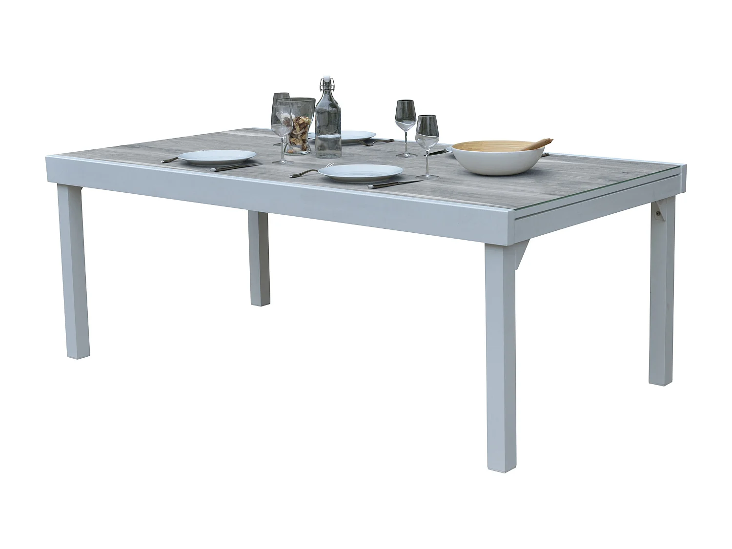 Table Modulo 8/12 personnes structure aluminium blanche, plateau en verre décors bois