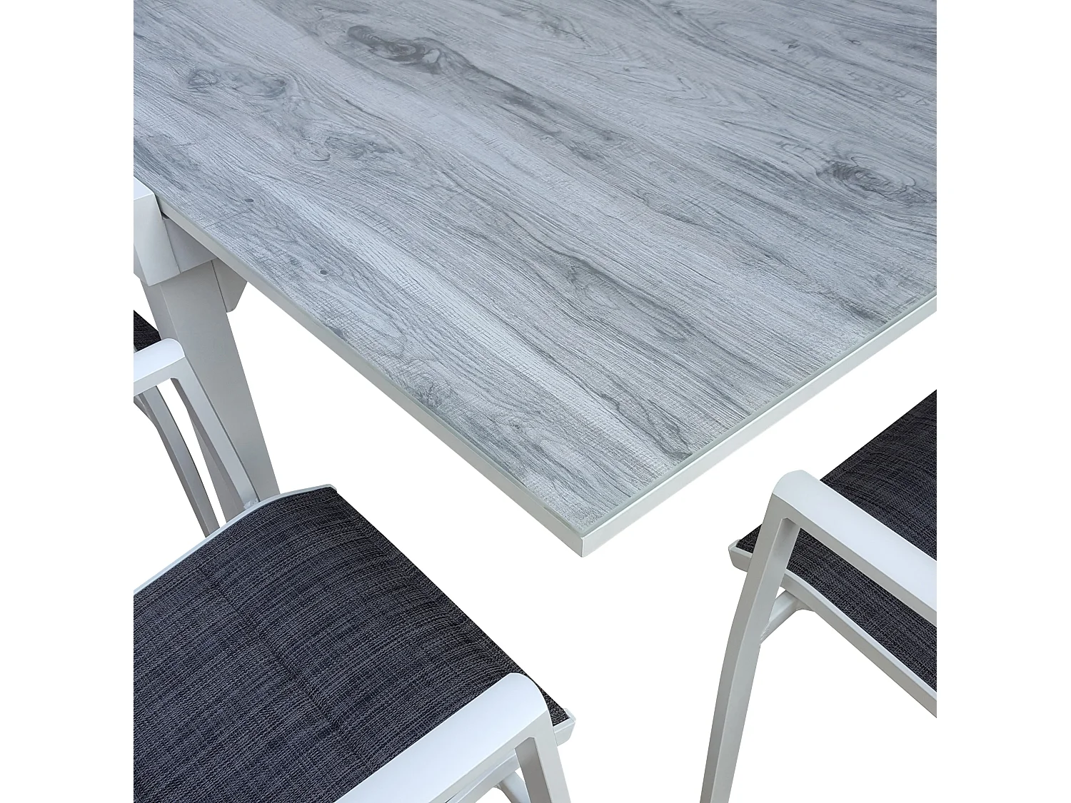 Table Modulo 8/12 personnes structure aluminium blanche, plateau en verre décors bois