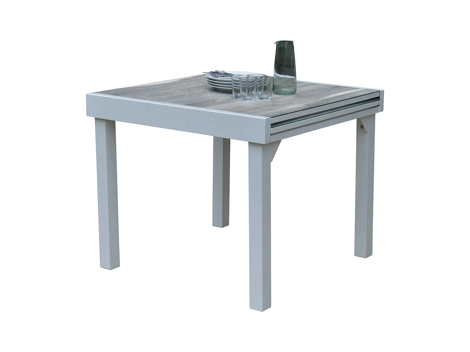 Table Modulo 4/8 personnes structure aluminium blanche, plateau en verre décors bois