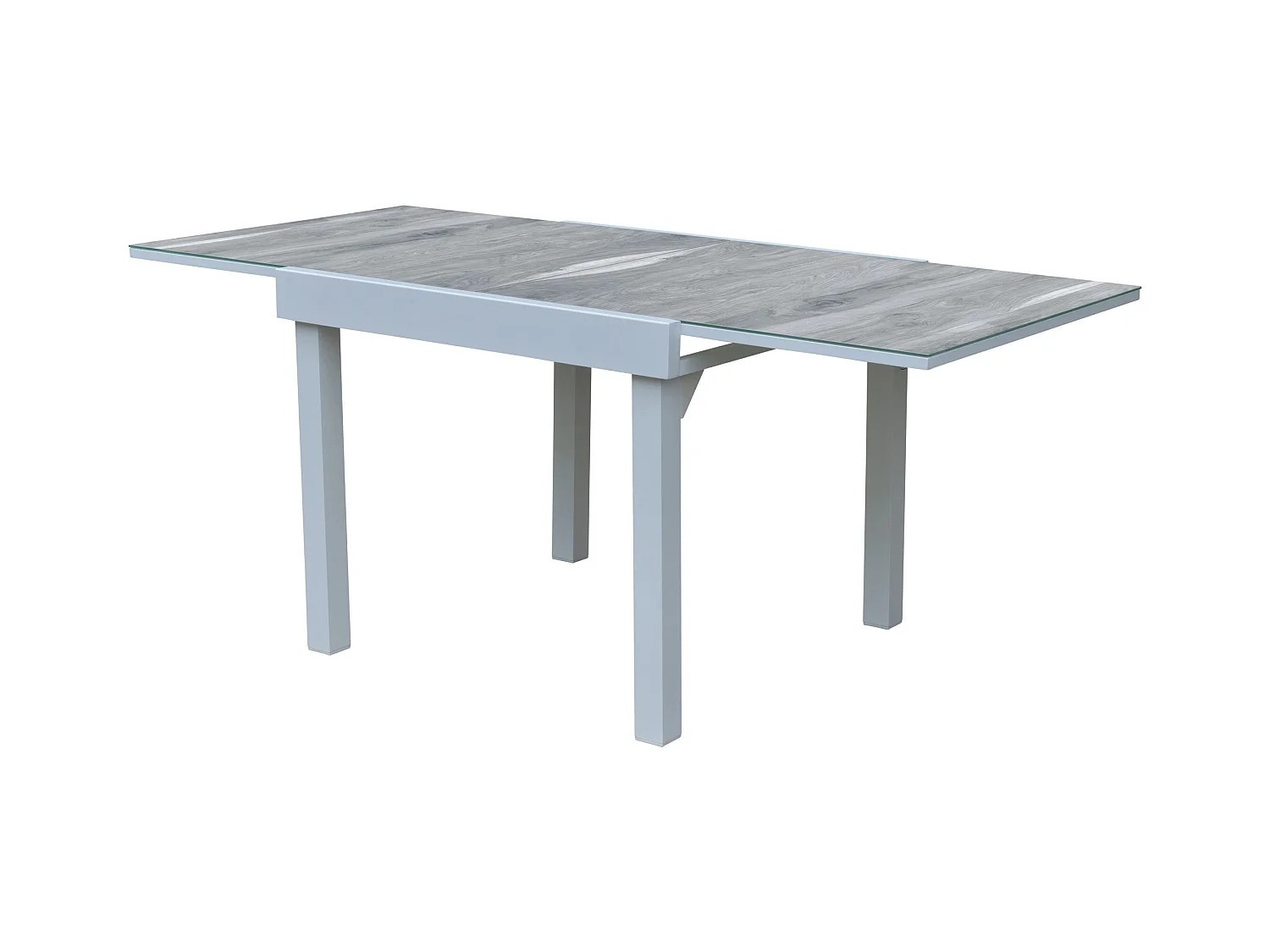 Table Modulo 4/8 personnes structure aluminium blanche, plateau en verre décors bois