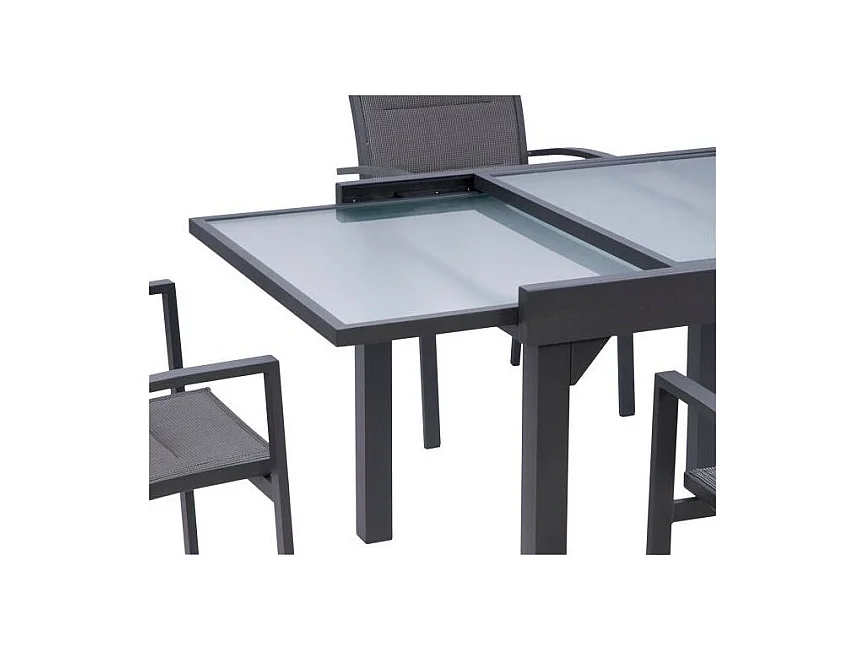 Table Modulo 4/8 personnes structure aluminium blanche, plateau en verre décors bois