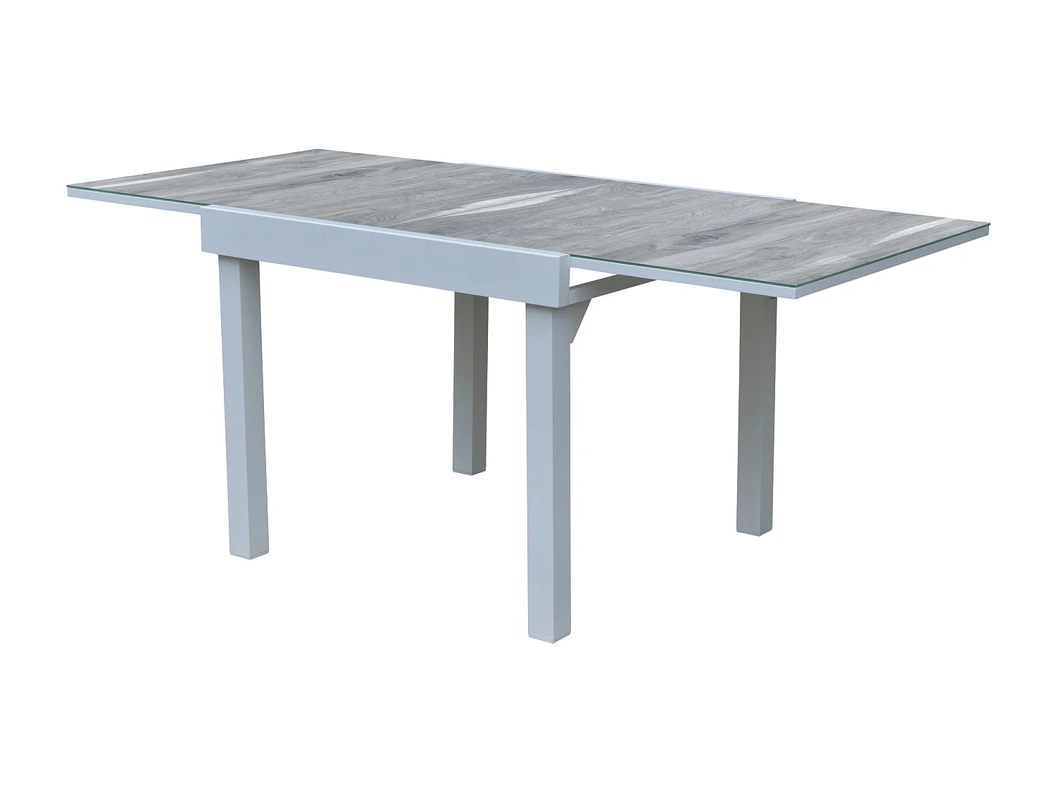 Table Modulo 4/8 personnes structure aluminium blanche, plateau en verre décors bois