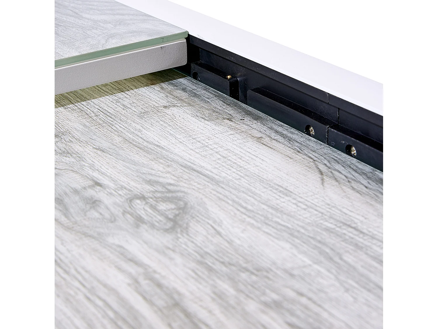 Table Modulo 4/8 personnes structure aluminium blanche, plateau en verre décors bois