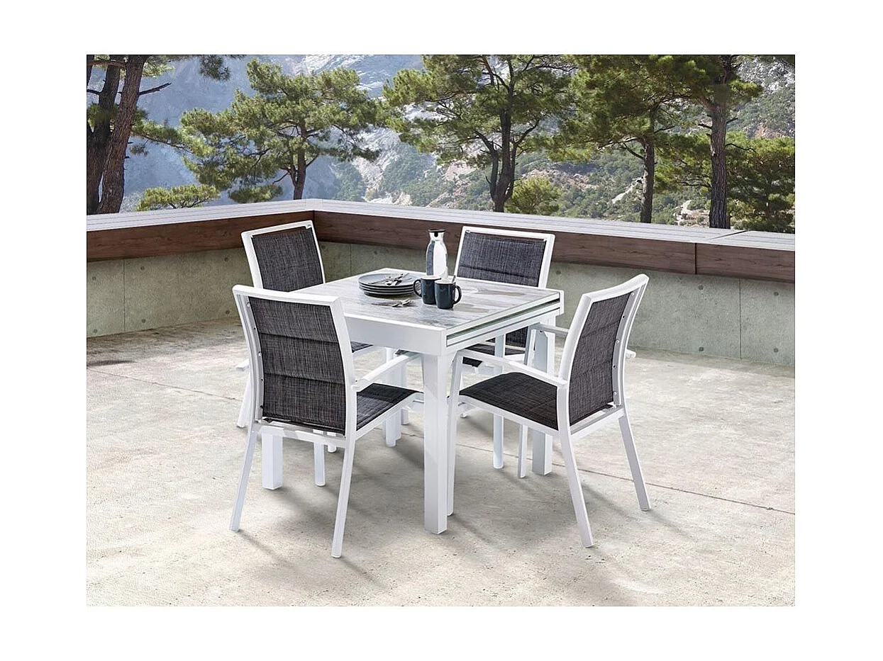 Table Modulo 4/8 personnes structure aluminium blanche, plateau en verre décors bois