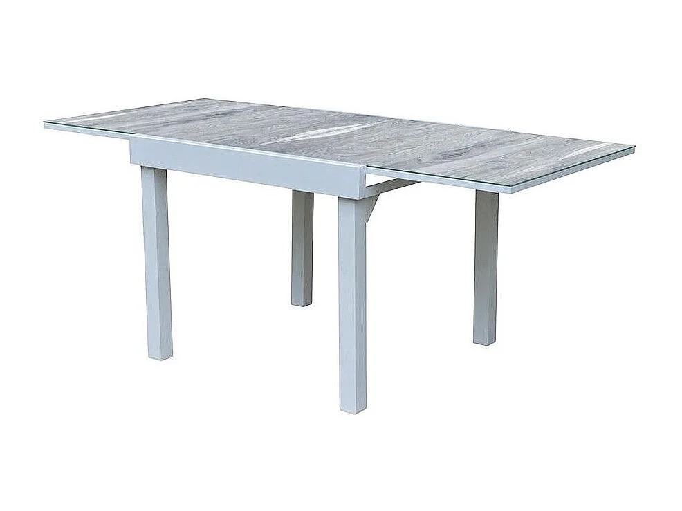 Table Modulo 4/8 personnes structure aluminium blanche, plateau en verre décors bois
