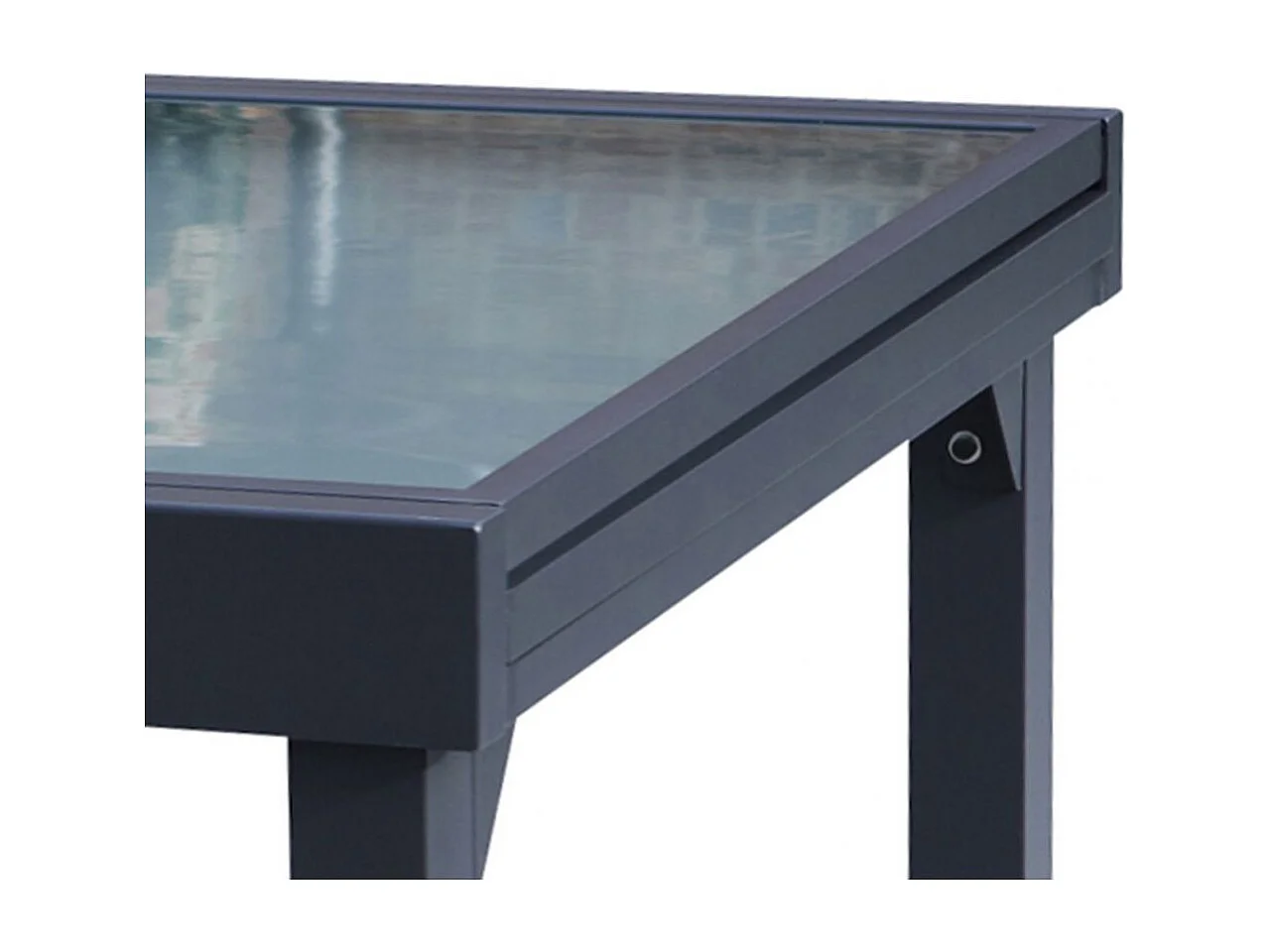 Table Modulo 4/8 personnes structure aluminium blanche, plateau en verre décors bois