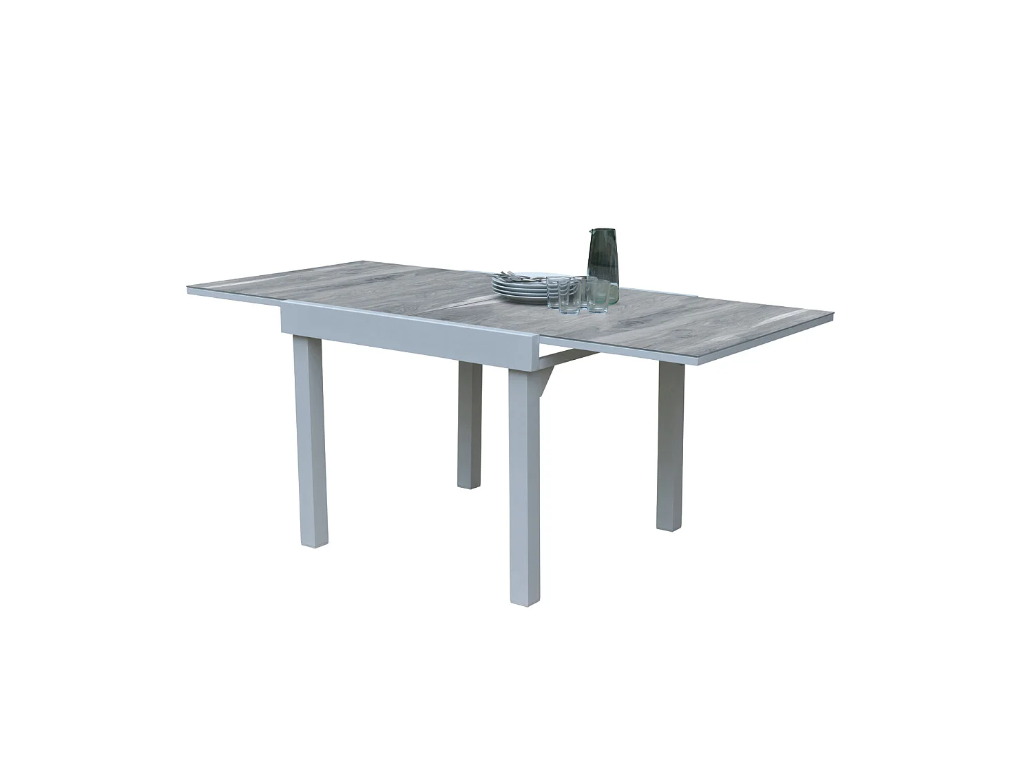 Table Modulo 4/8 personnes structure aluminium blanche, plateau en verre décors bois