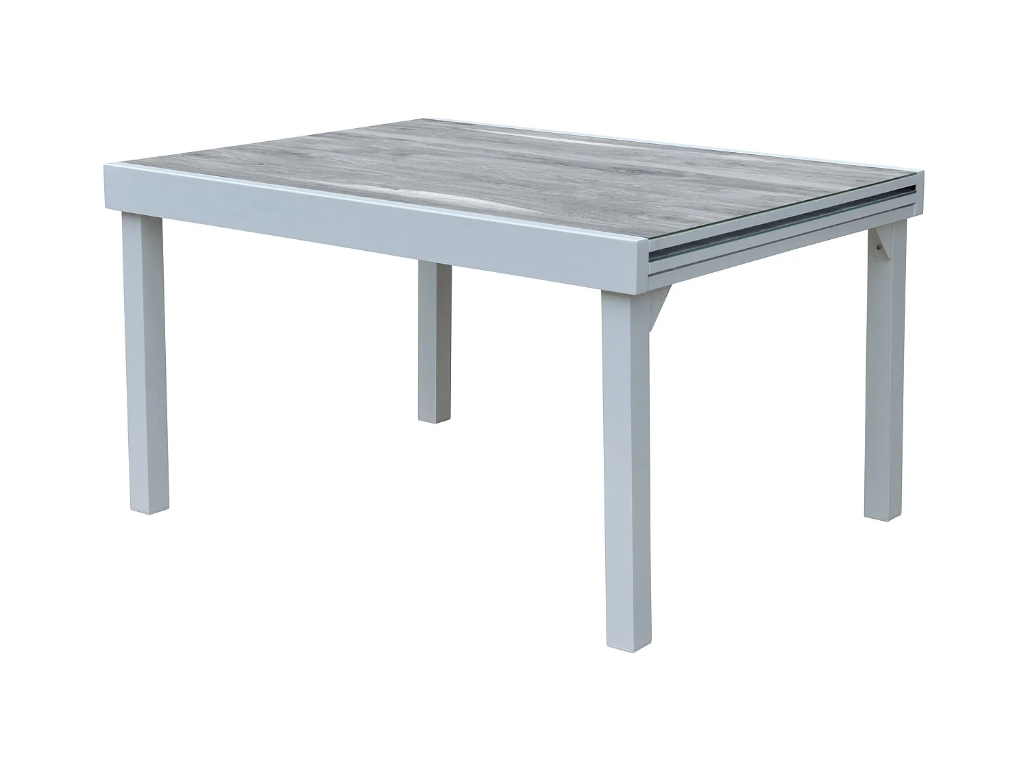 Table Modulo 6/10 personnes structure aluminium blanche, plateau en verre décors bois
