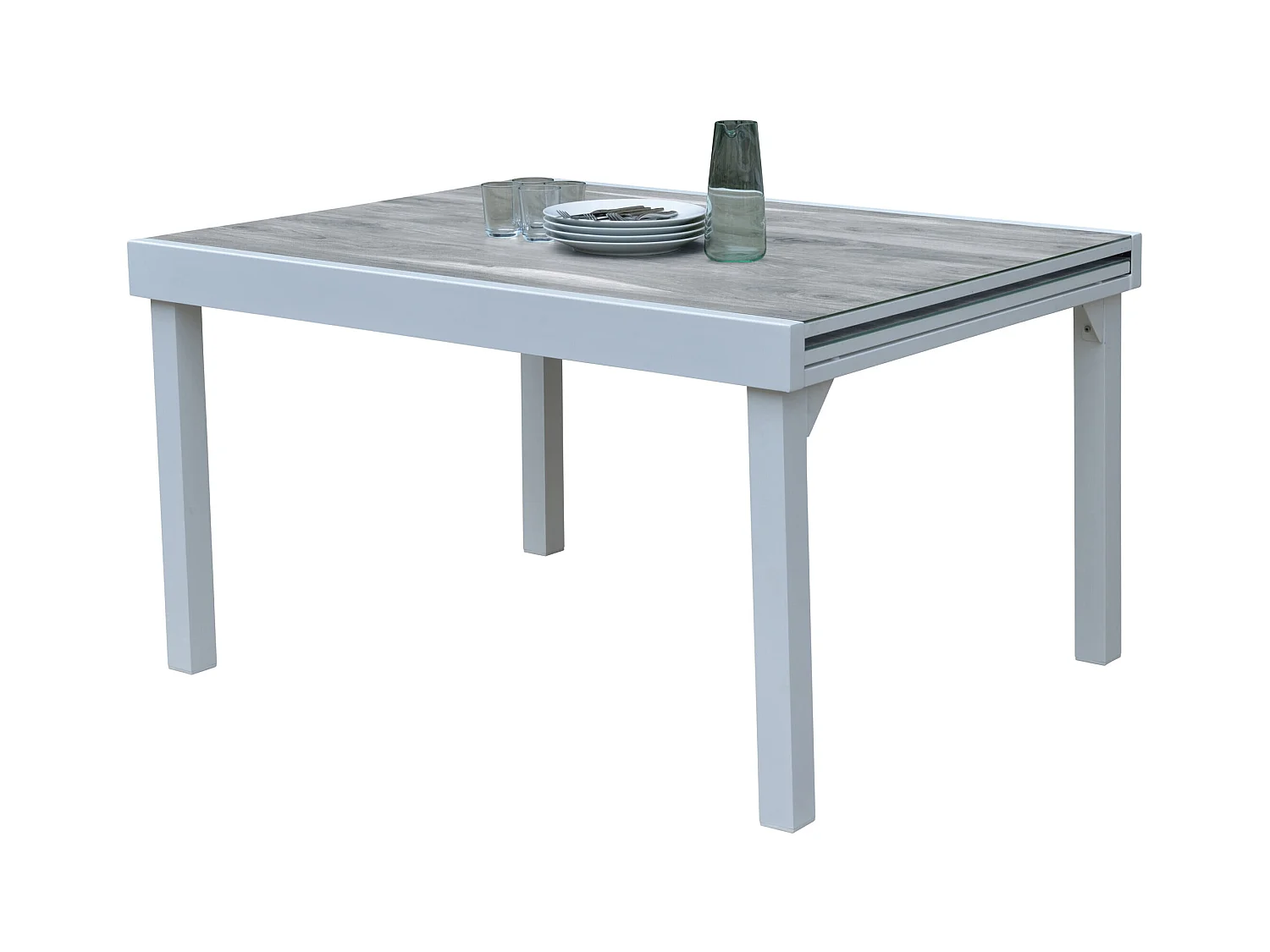 Table Modulo 6/10 personnes structure aluminium blanche, plateau en verre décors bois