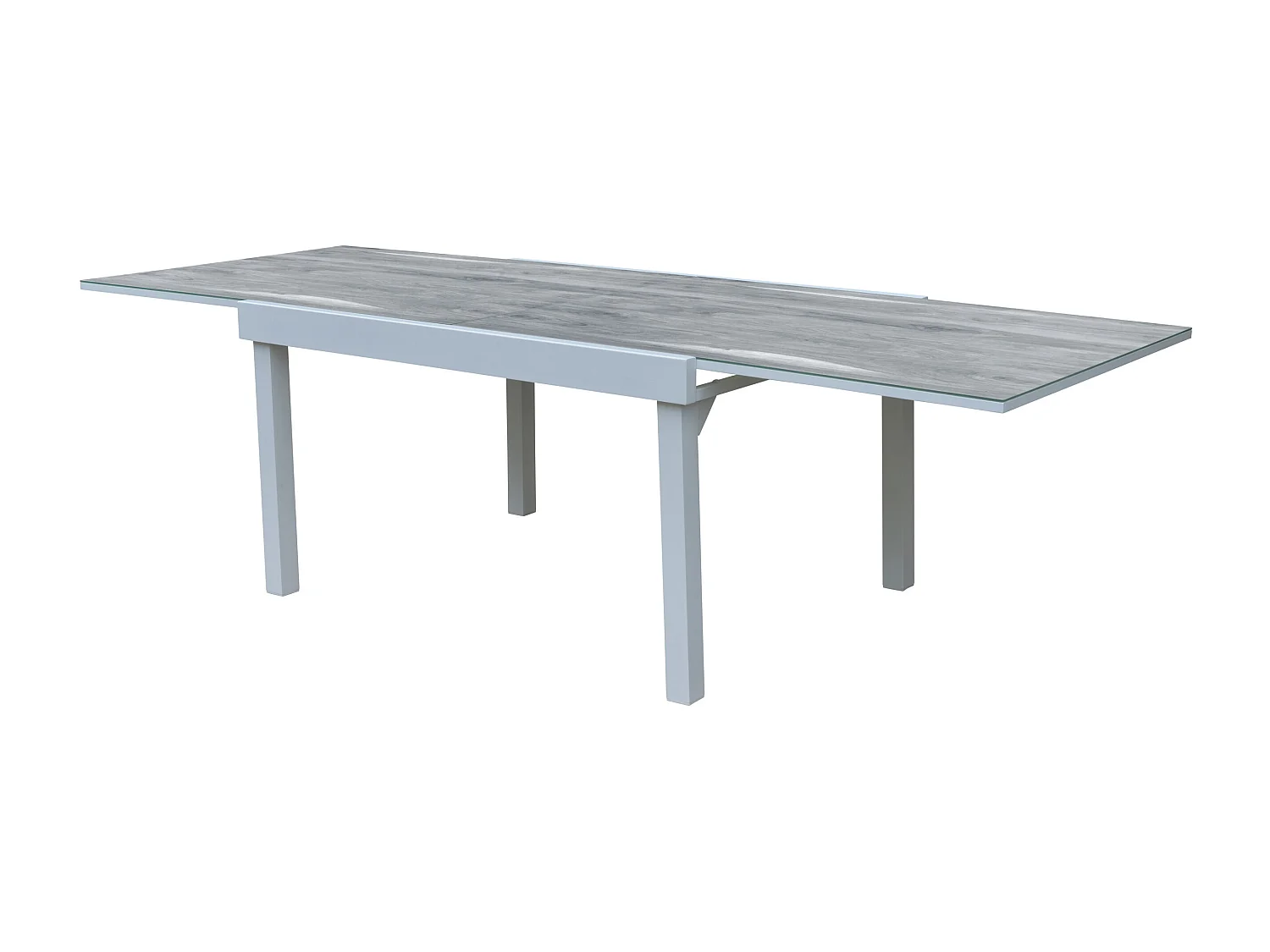Table Modulo 6/10 personnes structure aluminium blanche, plateau en verre décors bois