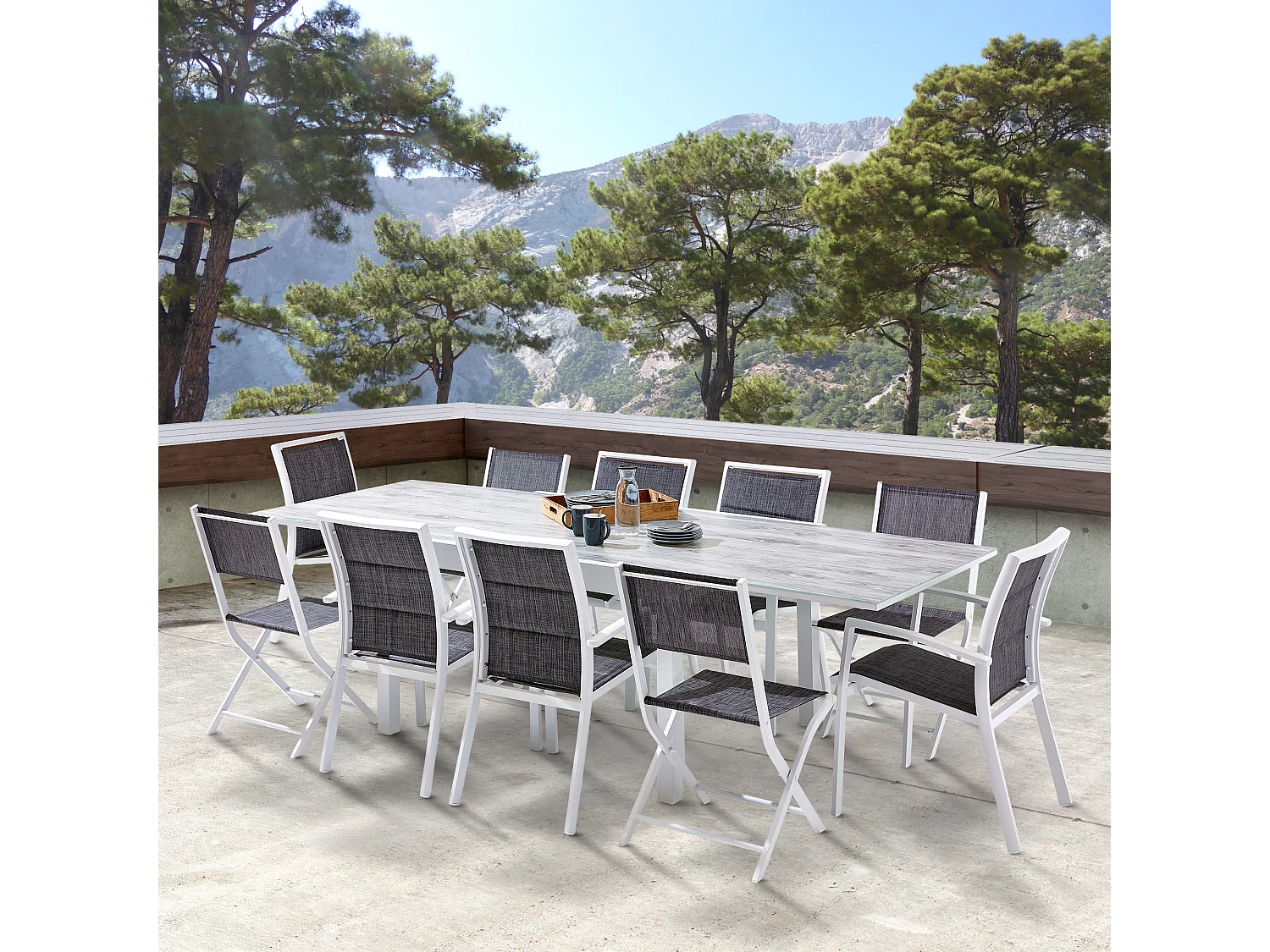 Table Modulo 6/10 personnes structure aluminium blanche, plateau en verre décors bois