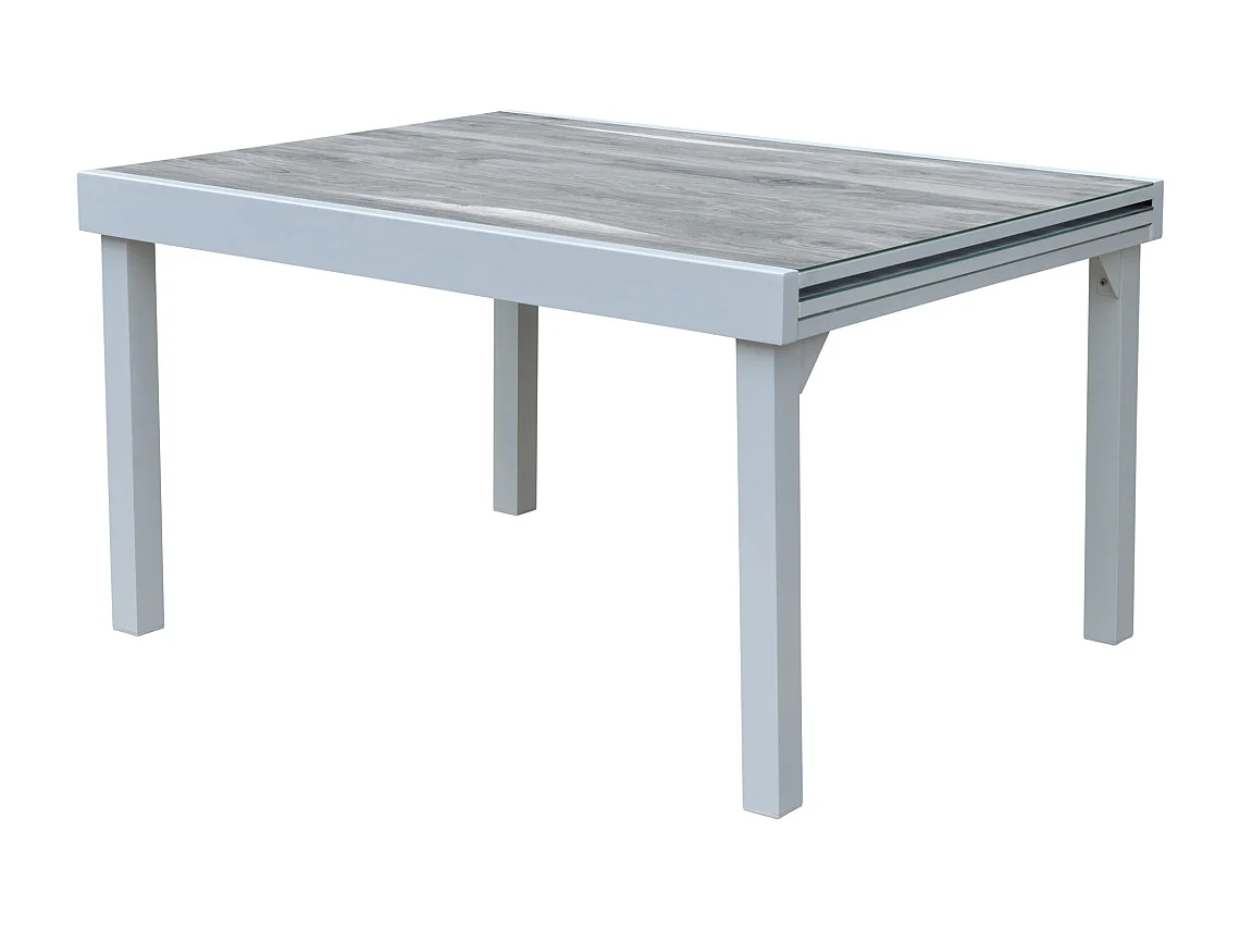 Table Modulo 6/10 personnes structure aluminium blanche, plateau en verre décors bois