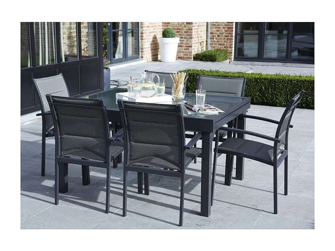 Table Modulo 6/10 personnes structure aluminium blanche, plateau en verre décors bois