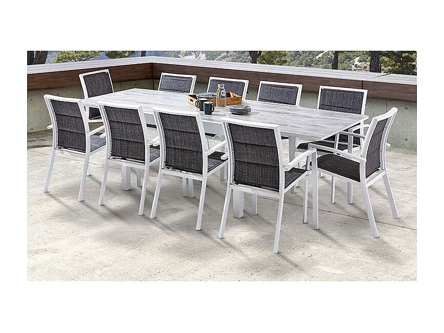 Table Modulo 6/10 personnes structure aluminium blanche, plateau en verre décors bois