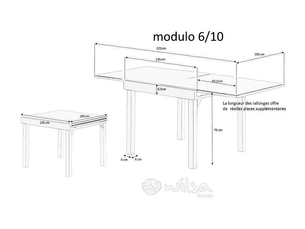 Table Modulo 6/10 personnes structure aluminium blanche, plateau en verre décors bois