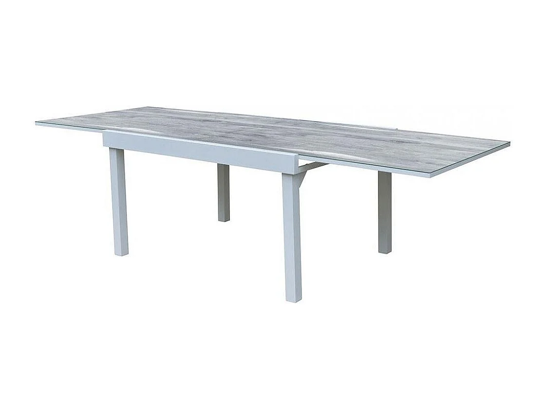 Table Modulo 6/10 personnes structure aluminium blanche, plateau en verre décors bois