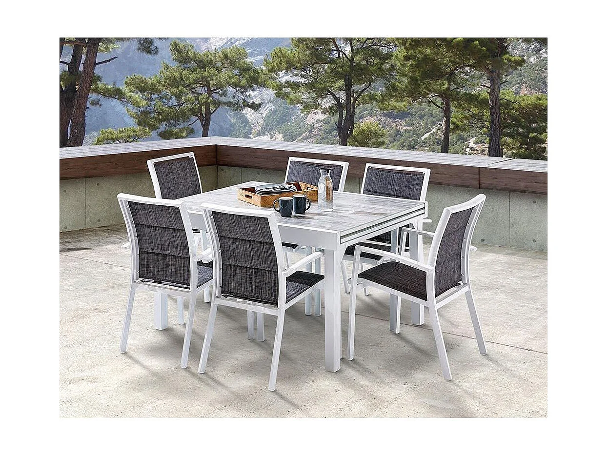 Table Modulo 6/10 personnes structure aluminium blanche, plateau en verre décors bois