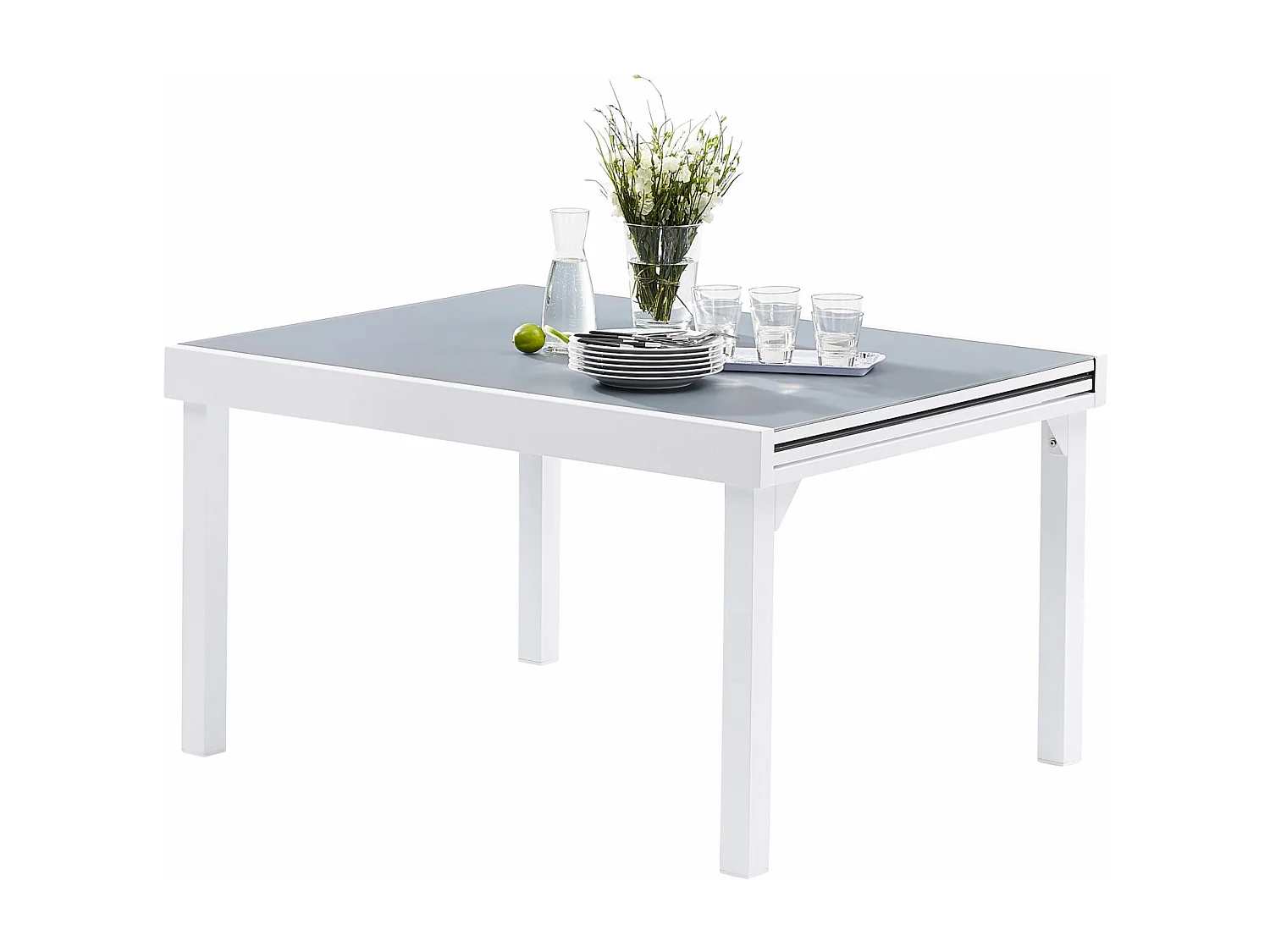 Table Modulo 6/10 personnes structure en aluminium blanche, plateau en verre coloris gris perle