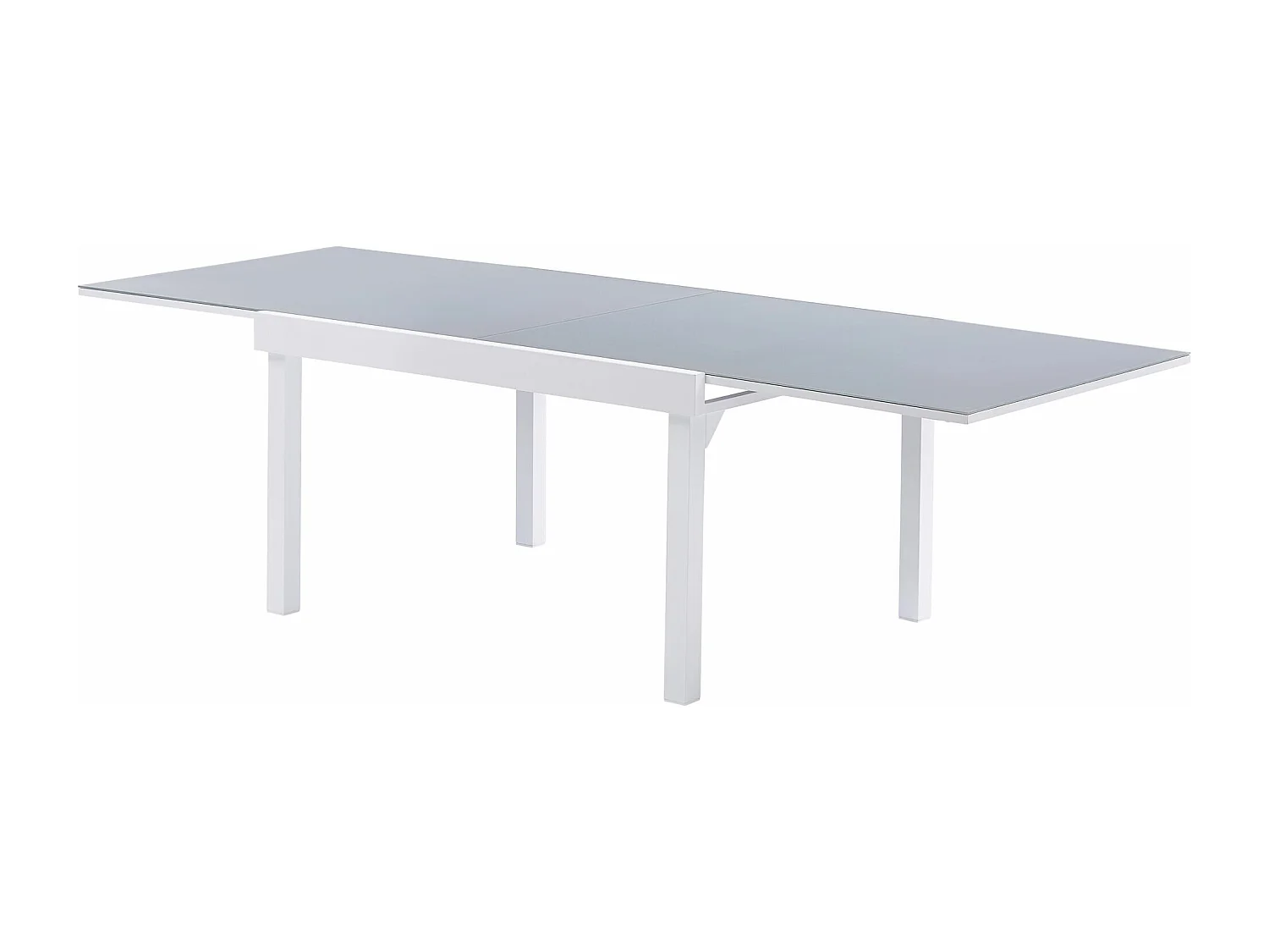 Table Modulo 6/10 personnes structure en aluminium blanche, plateau en verre coloris gris perle