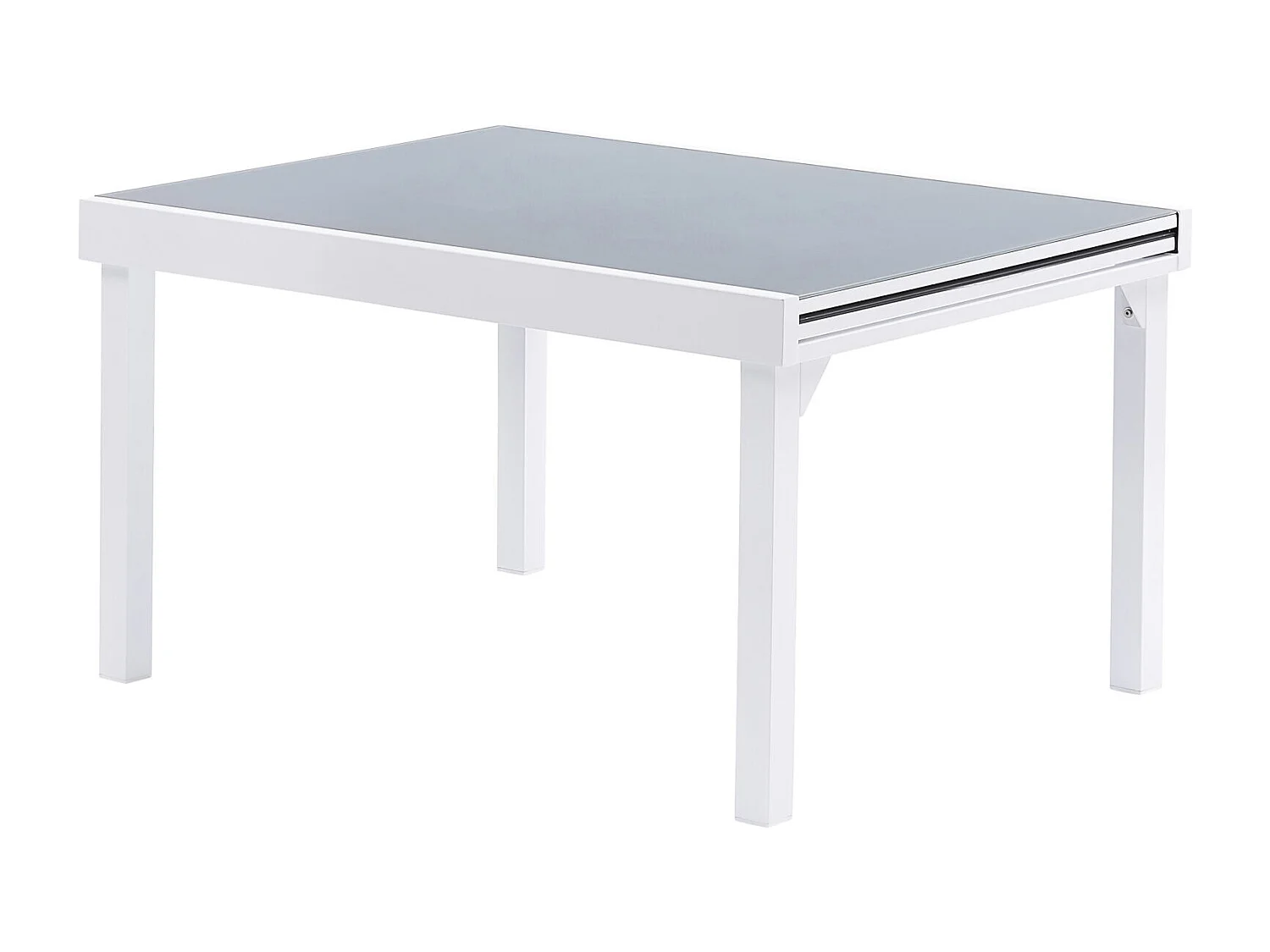 Table Modulo 6/10 personnes structure en aluminium blanche, plateau en verre coloris gris perle