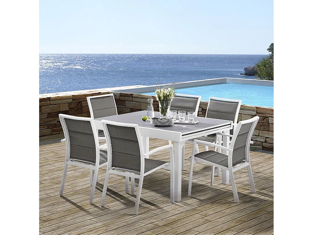 Table Modulo 6/10 personnes structure en aluminium blanche, plateau en verre coloris gris perle