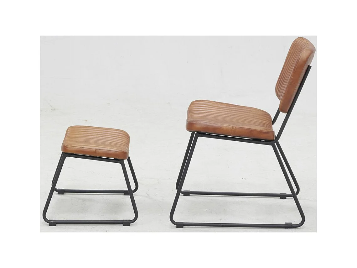 Fauteuil vintage et repose-pieds cuir de buffle