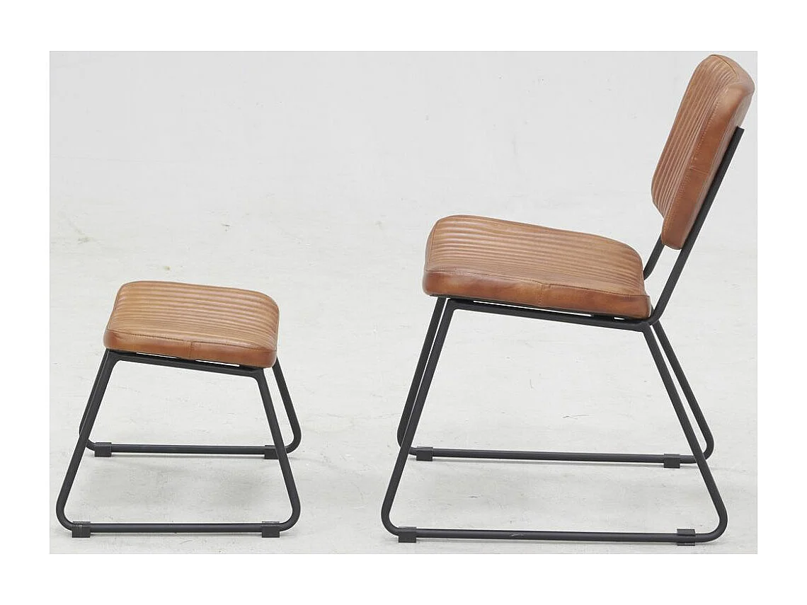 Fauteuil vintage et repose-pieds cuir de buffle