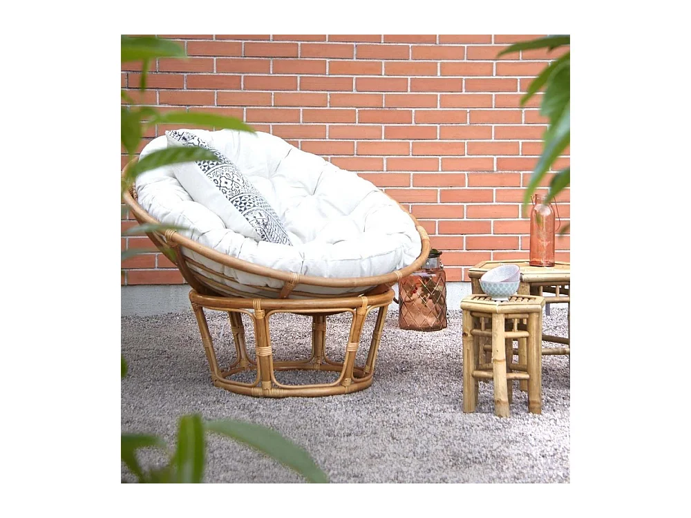 Fauteuil papasan en rotin avec coussin écru
