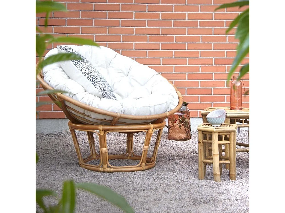 Fauteuil papasan en rotin avec coussin écru
