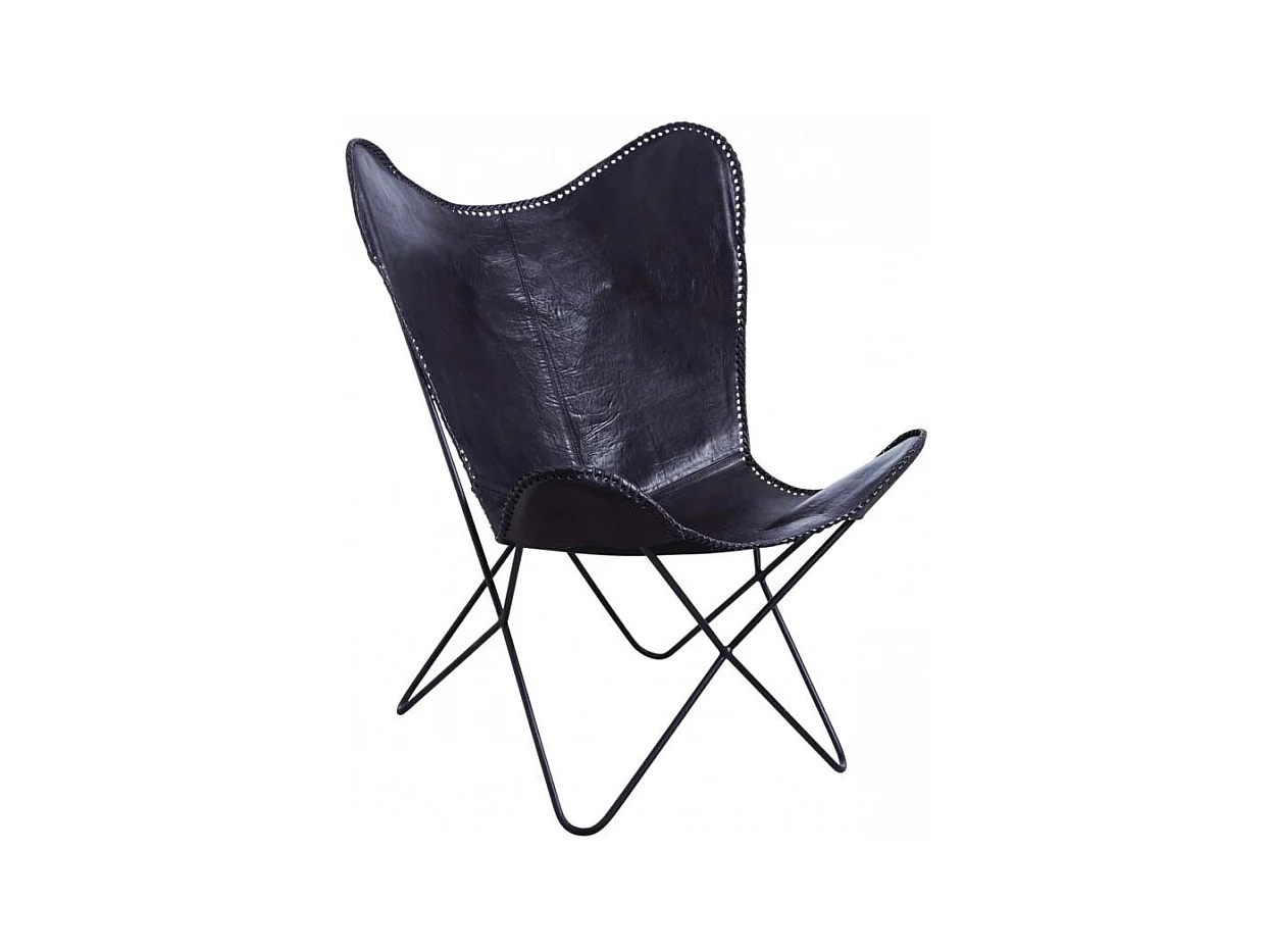 Fauteuil papillon en métal et cuir de buffle noir