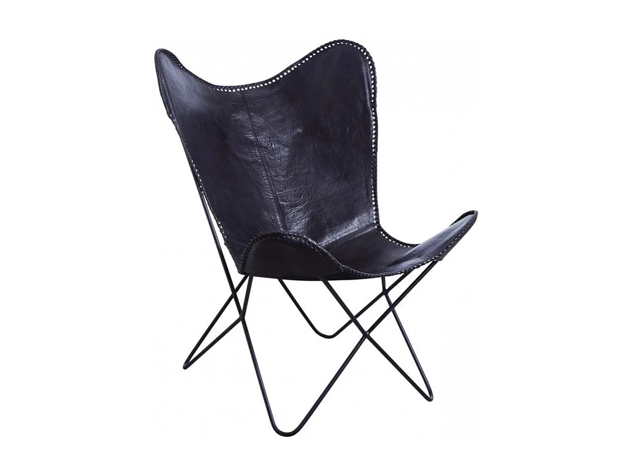 Fauteuil papillon en métal et cuir de buffle noir
