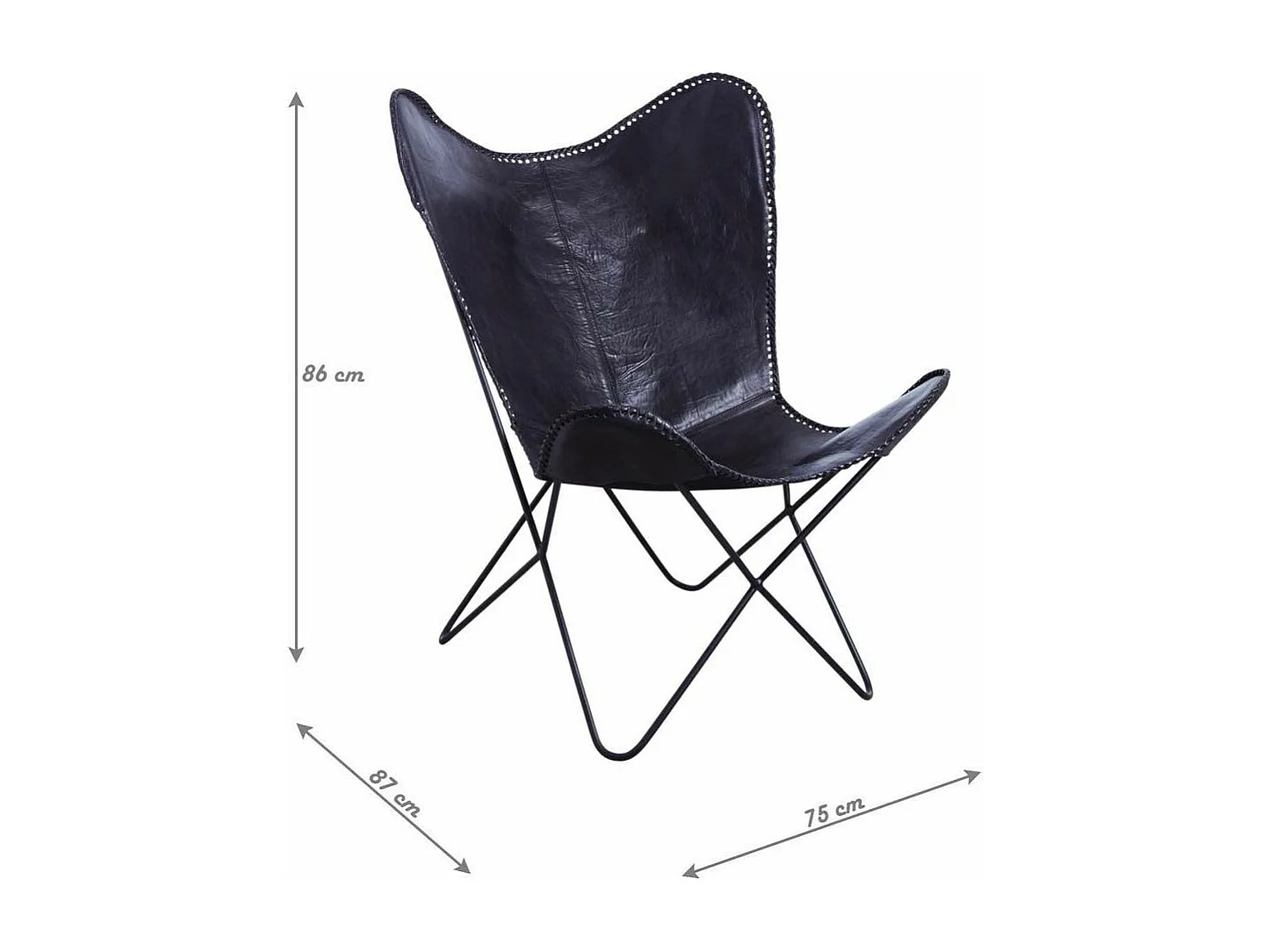 Fauteuil papillon en métal et cuir de buffle noir
