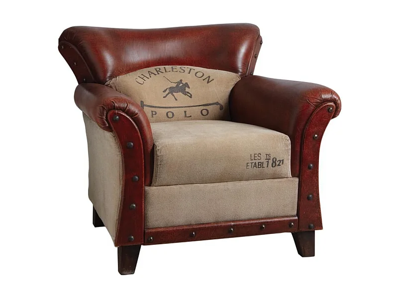 Fauteuil en coton et cuir de buffle Charleston polo