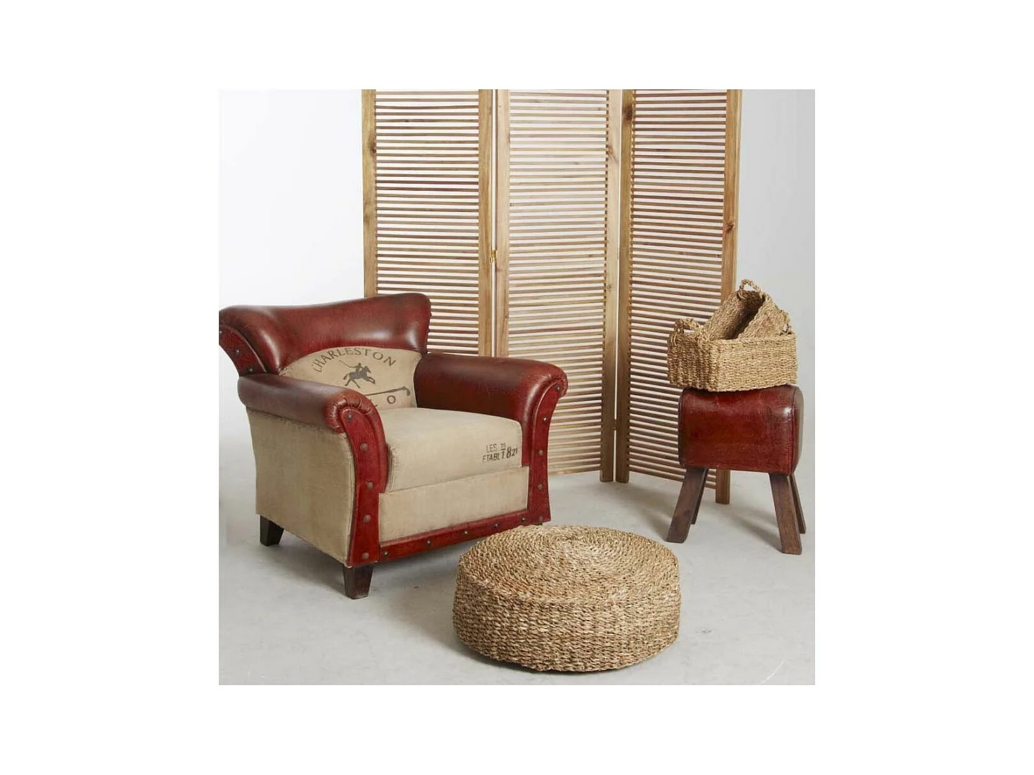 Fauteuil en coton et cuir de buffle Charleston polo