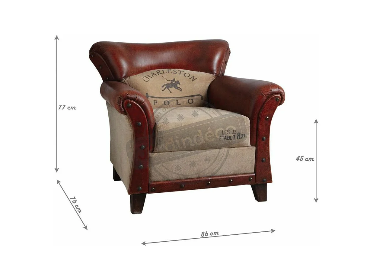 Fauteuil en coton et cuir de buffle Charleston polo