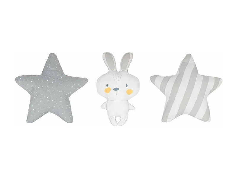 Lot de 3 Coussins Enfant "Étoiles & Lapin" 28cm Blanc