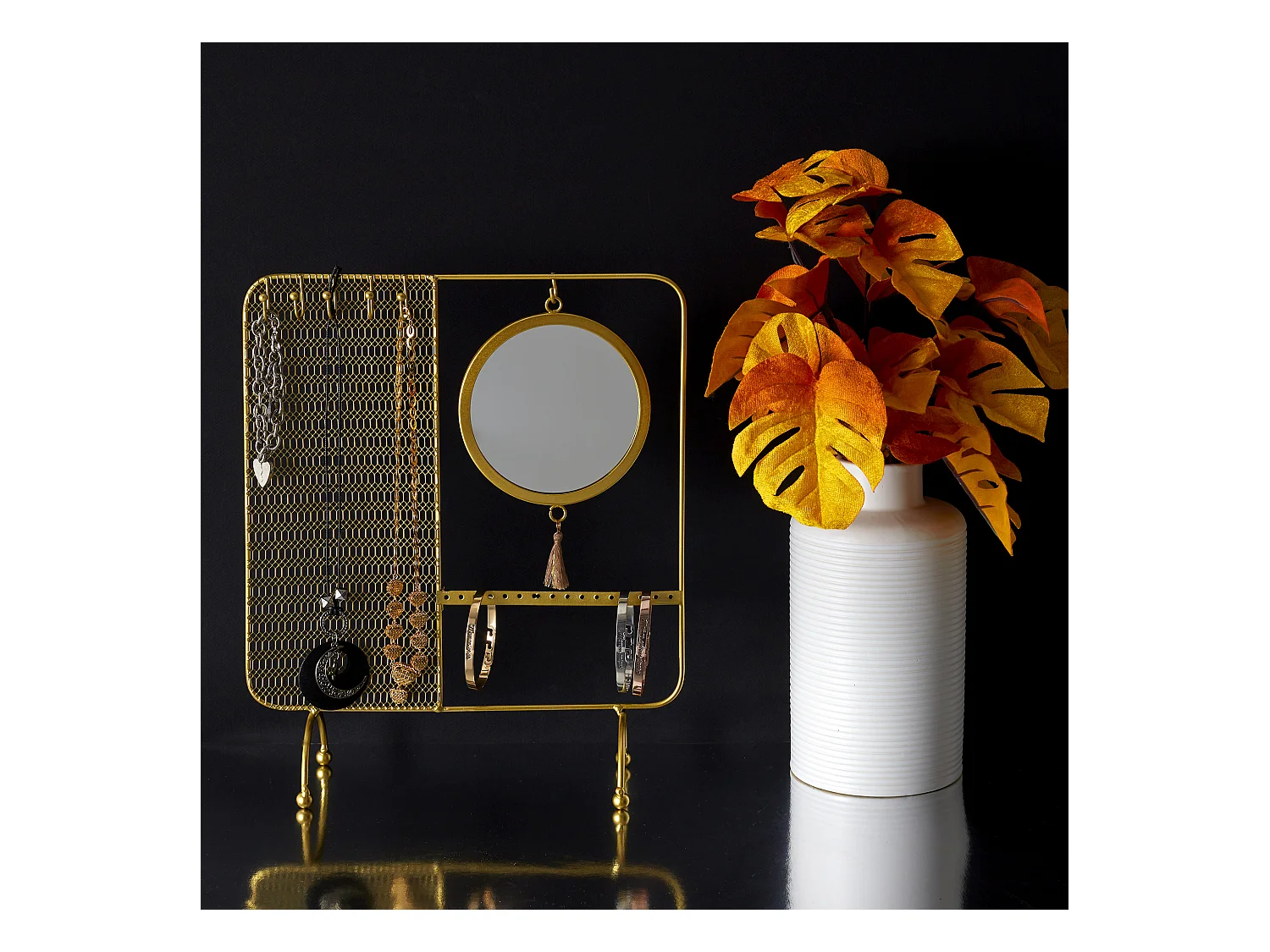 Porte Bijoux Miroir Filaire Metal 35.5x30x10cm Or