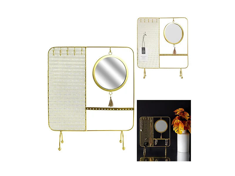 Porte Bijoux Miroir Filaire Metal 35.5x30x10cm Or