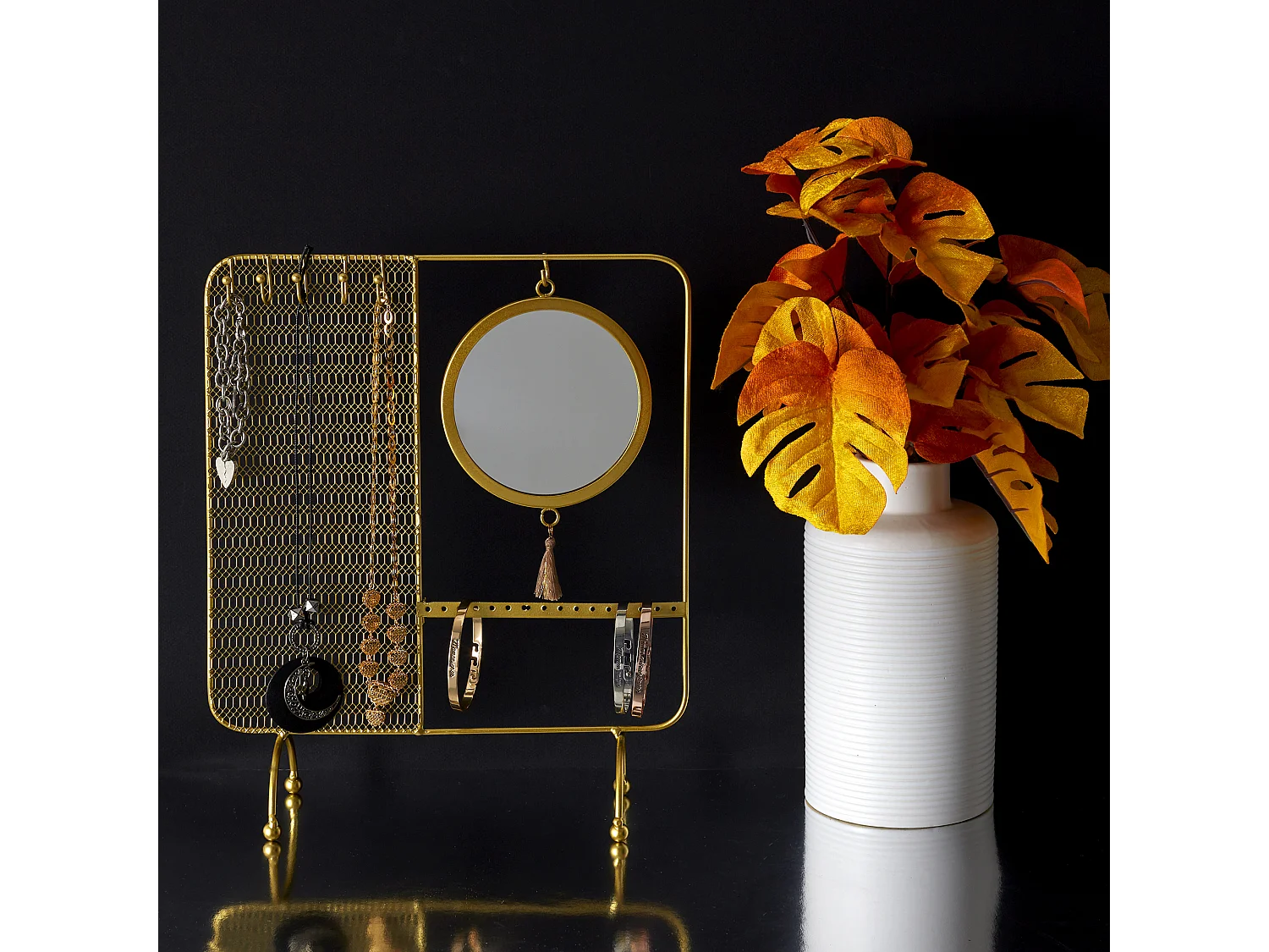 Porte Bijoux Miroir Filaire Metal 35.5x30x10cm Or